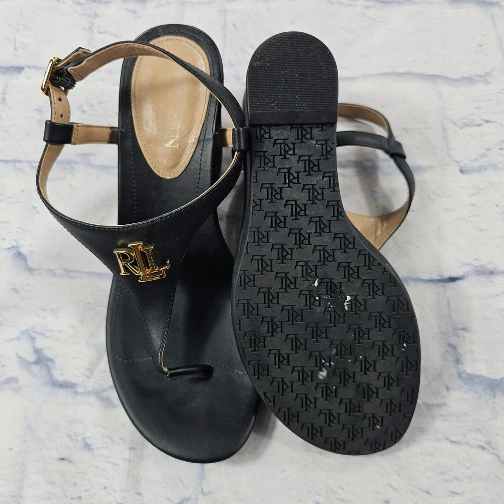 Lauren Ralph Lauren Jeannie Wedge Sandals Women 7 B Black Gold RL Thong Heels